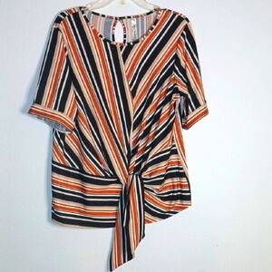 Chic Orange and Black Asymmetrical Tie Front Blouse